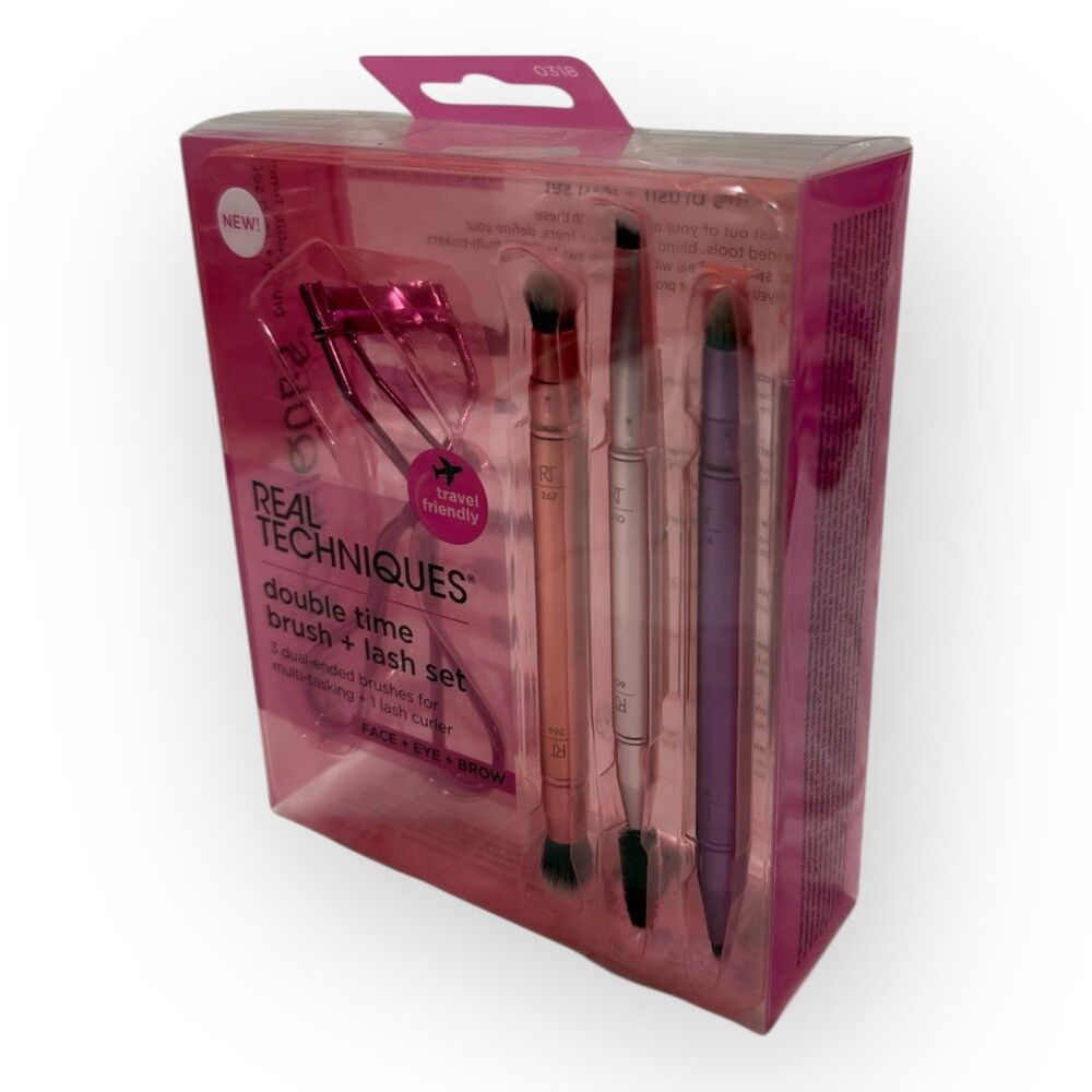 Real Techniques Double Time Brush + Lash Set – 3 Dual-Ended Brushes + Curler NEW